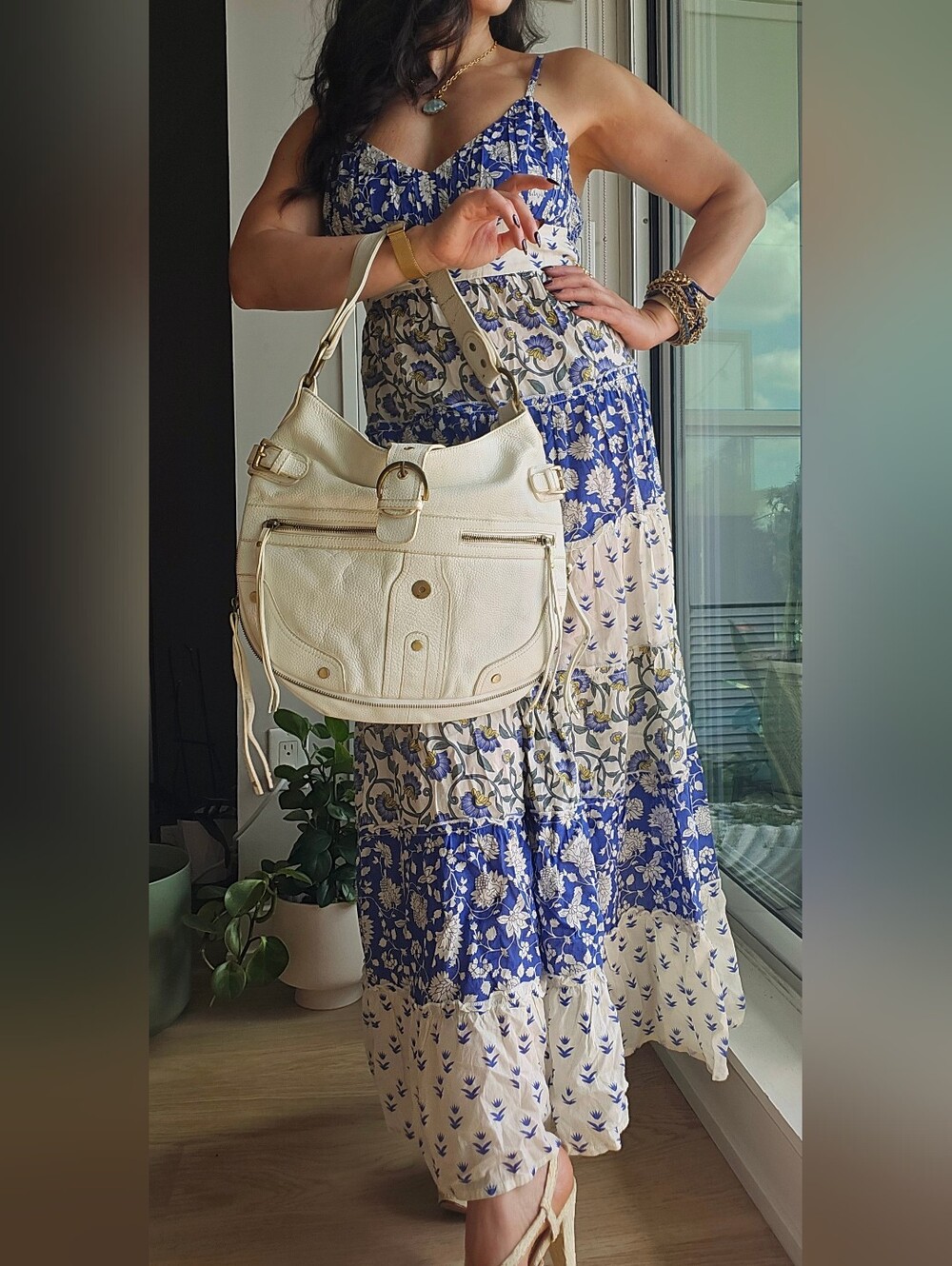 White Genuine Italian Leather Shoulder Bag with Decorative Gold Accents